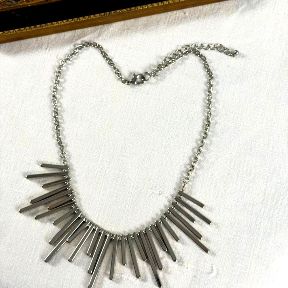 Vintage 80s Silver Fringe Statement Necklace Modernist Geometric Collar 16"